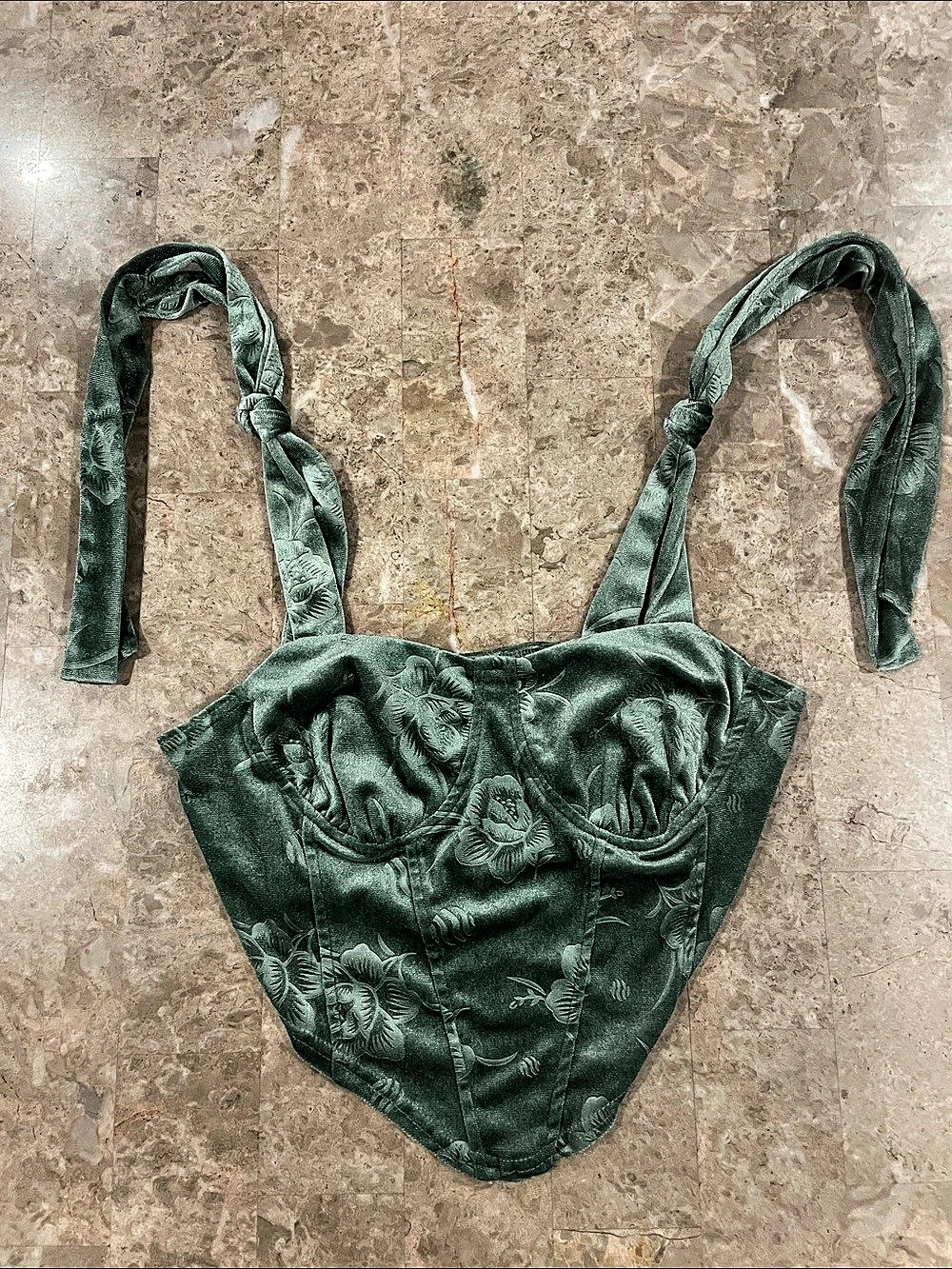 Fairycore Baddie CIDER Green Floral Embossed Sage Velvet Corset Top  M - Picture 2 of 9